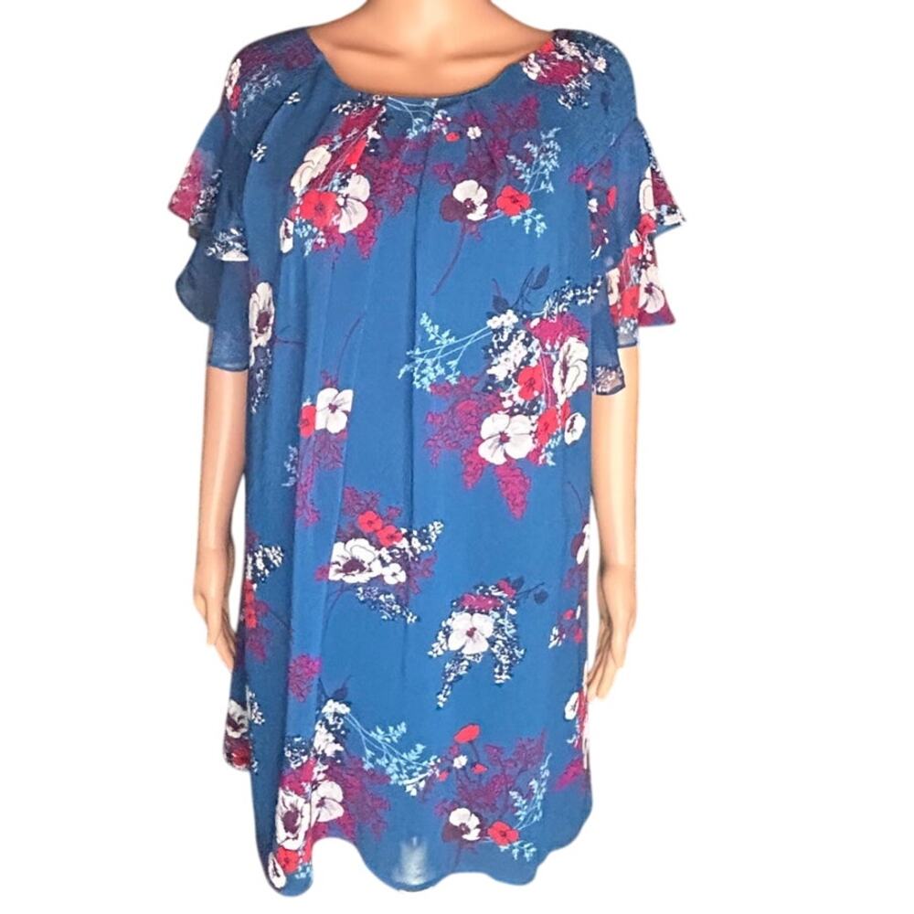Blue Rain Womens size small blue floral short sleeve dress w/flutter sleeves